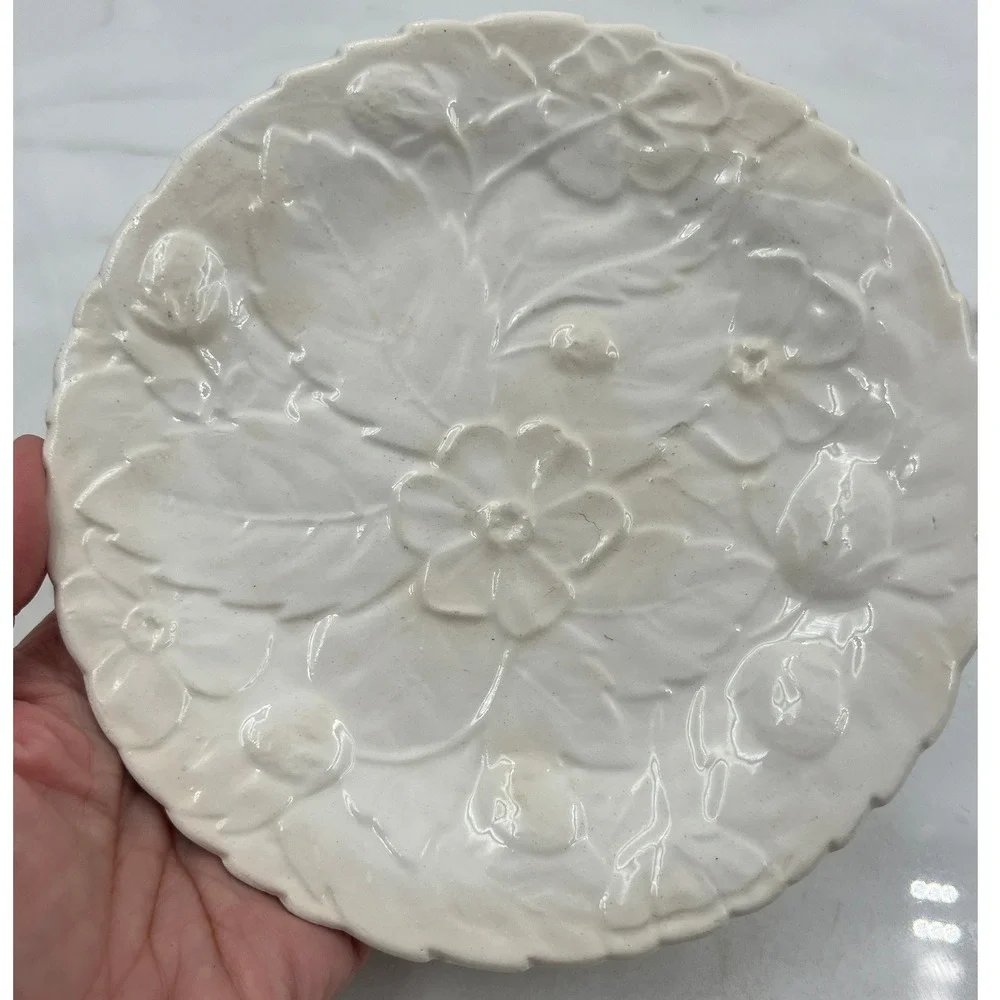 Vintage P-V France Embossed Floral Strawberry Ceramic Plates Set of 2 Cream